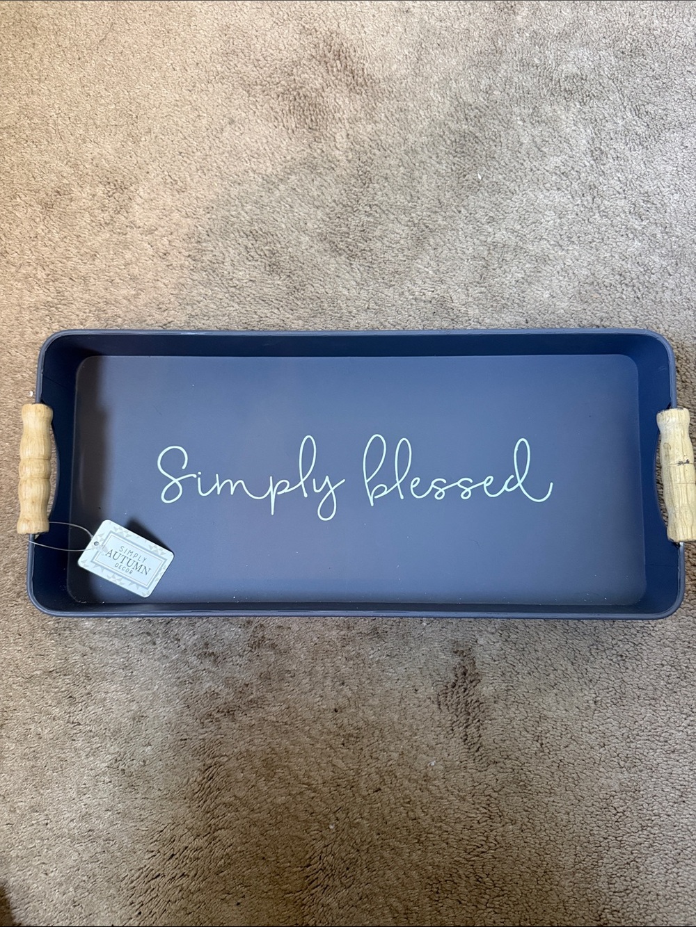 Simply Blessed Navy/Gray Serving Tray with Wooden Handles